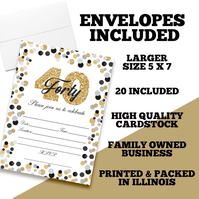 Amanda Creation Confetti Polka Dot 40th Birthday Party Invitations, 20 5x7 Fill In Cards with Twenty White Envelopes by AmandaCreation - Image 2